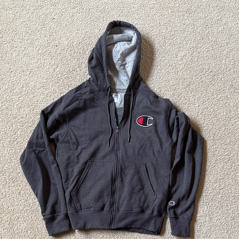 Champion Black Zip-Up Hoodie with Grey Hood Lining and Logo